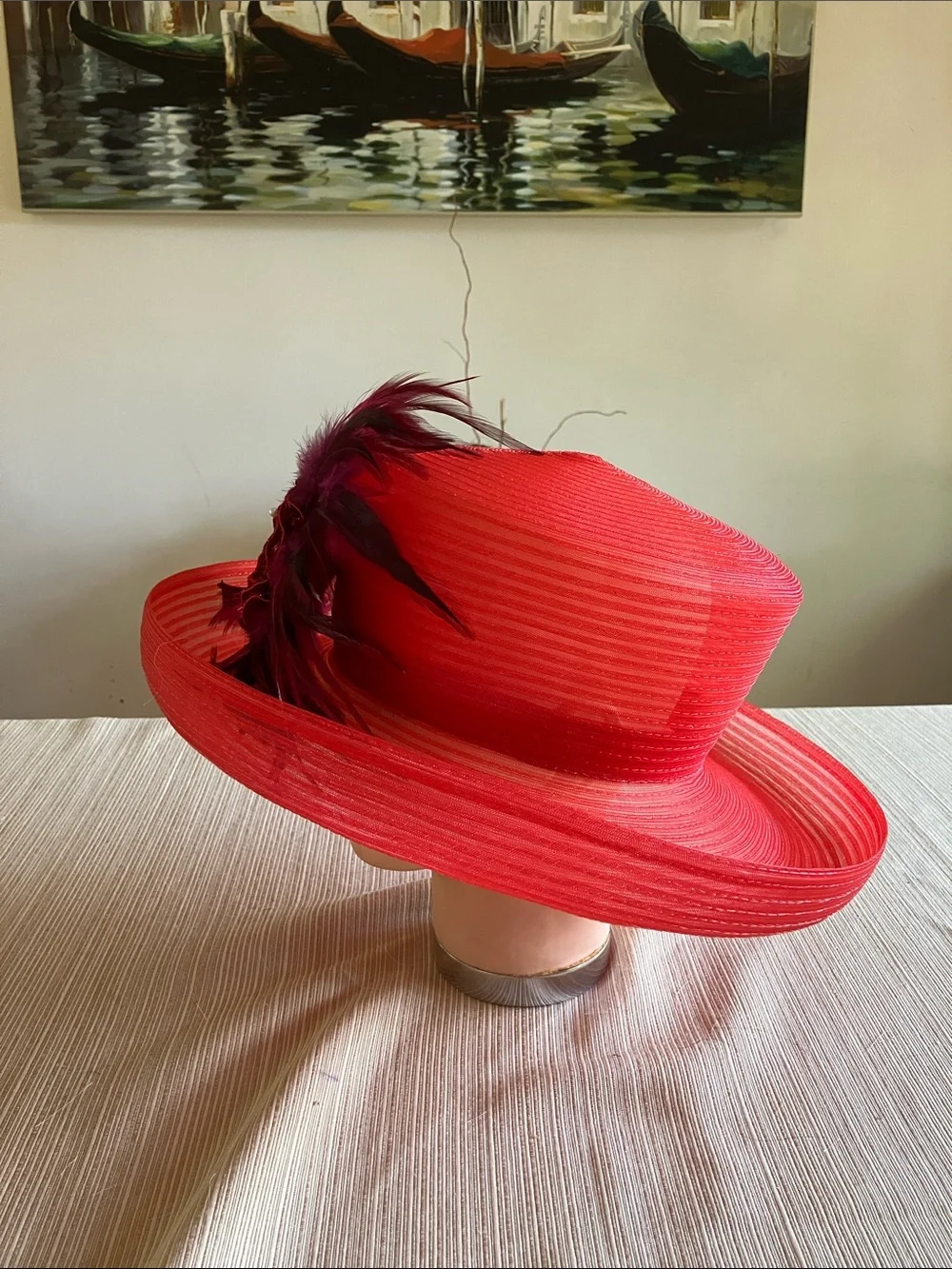 Elegant Red Wide-Brim Feathered Hat